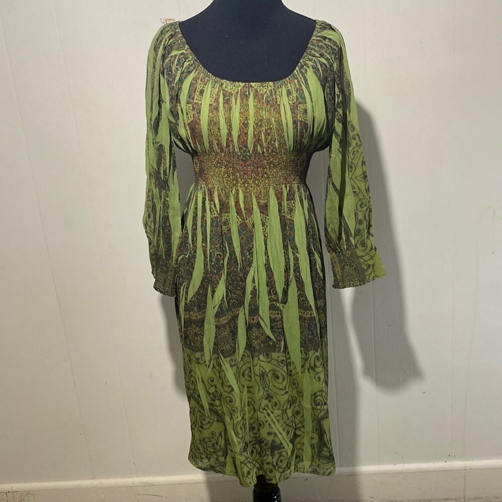 Green Boho Paisley Women's Dress Off The Shoulder Size Large Live and Let Live